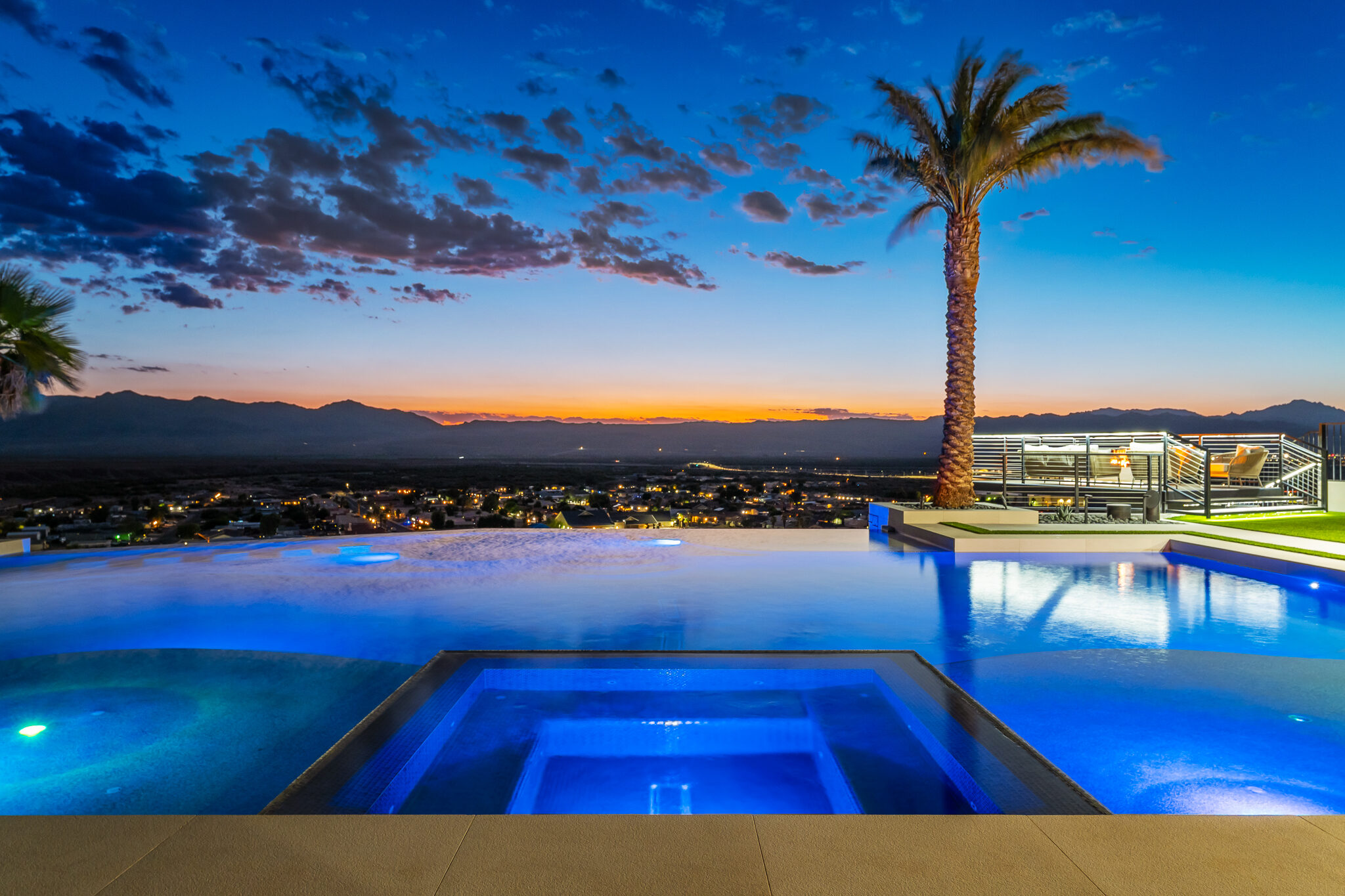 Luxury backyard pool at dusk in Arizona